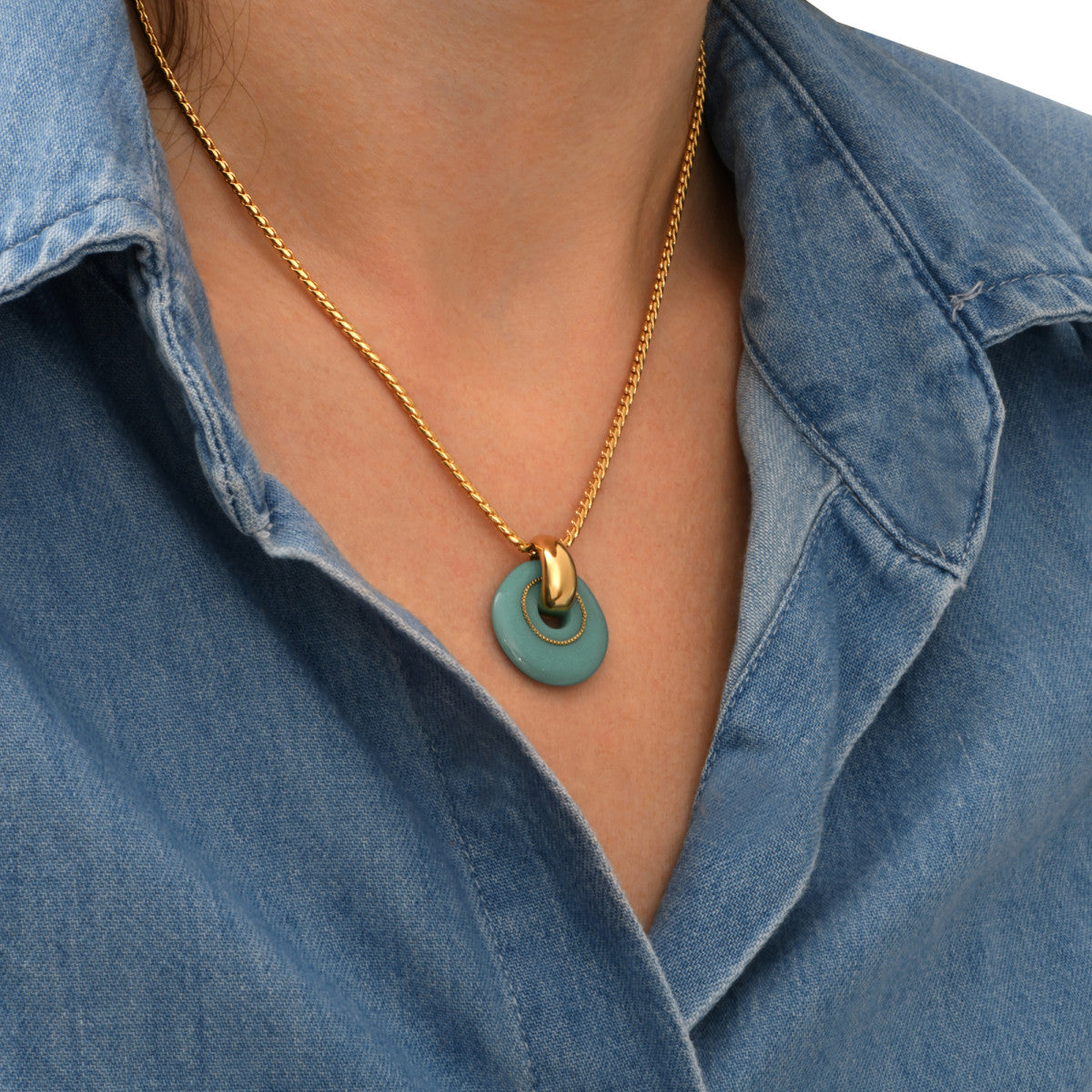 Collier pendentif réglable Masseria en métal doré et résine - turquoise Turquoise