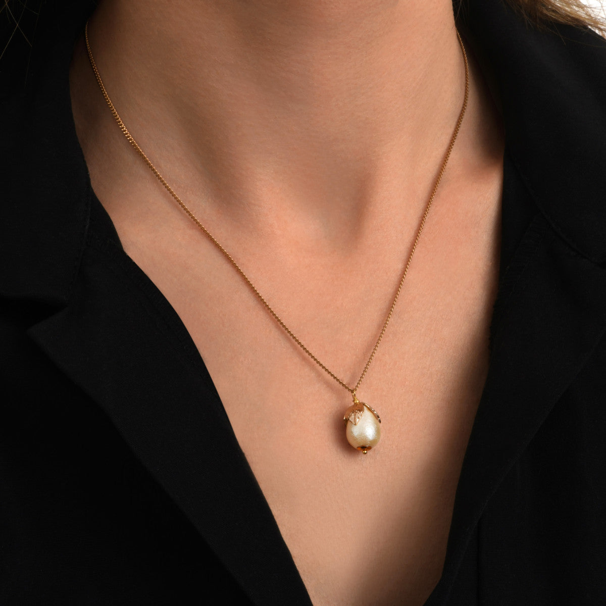 Collier pendentif Lucy en métal doré à l'or fin et perle de coton - blanc Blanc