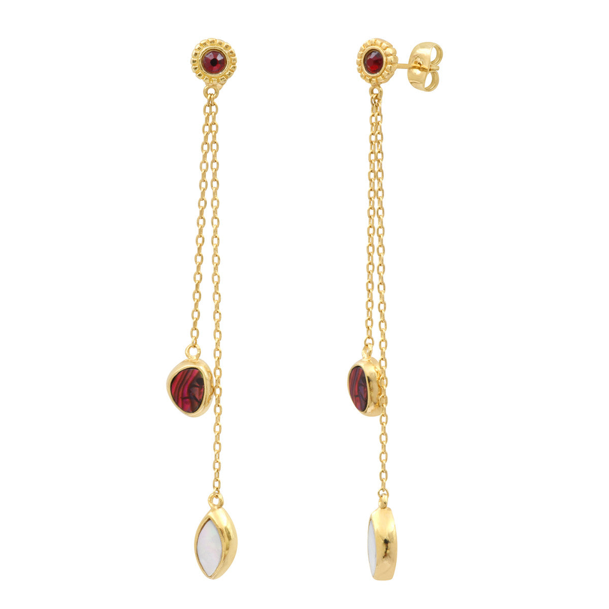 Boucles d'oreilles percées longues Lhassa en nacre paua bicolore - rouge Nacre vert