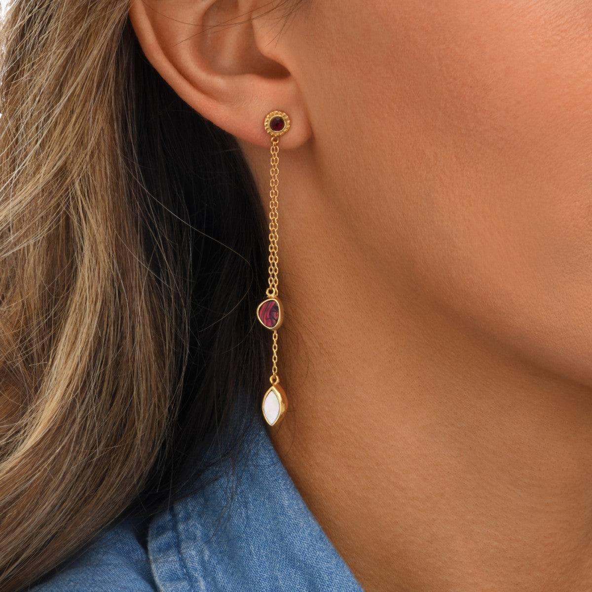 Boucles d'oreilles percées longues Lhassa en nacre paua bicolore - rouge Nacre vert
