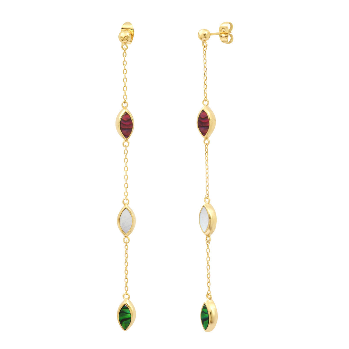 Boucles d'oreilles percées longues Lhassa en nacre tricolore - vert rouge Nacre vert
