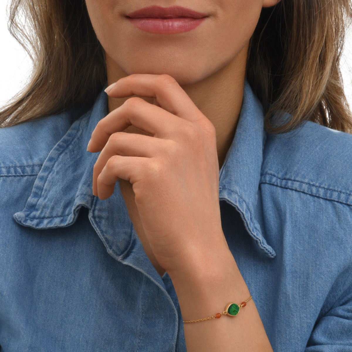 Bracelet fin Lhassa en métal doré cornaline et nacre paua - vert Nacre vert