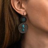 Boucles d'oreilles dormeuses rondes Dakota en métal ruthénium et gemmes - bleu Ruthenium turquoise