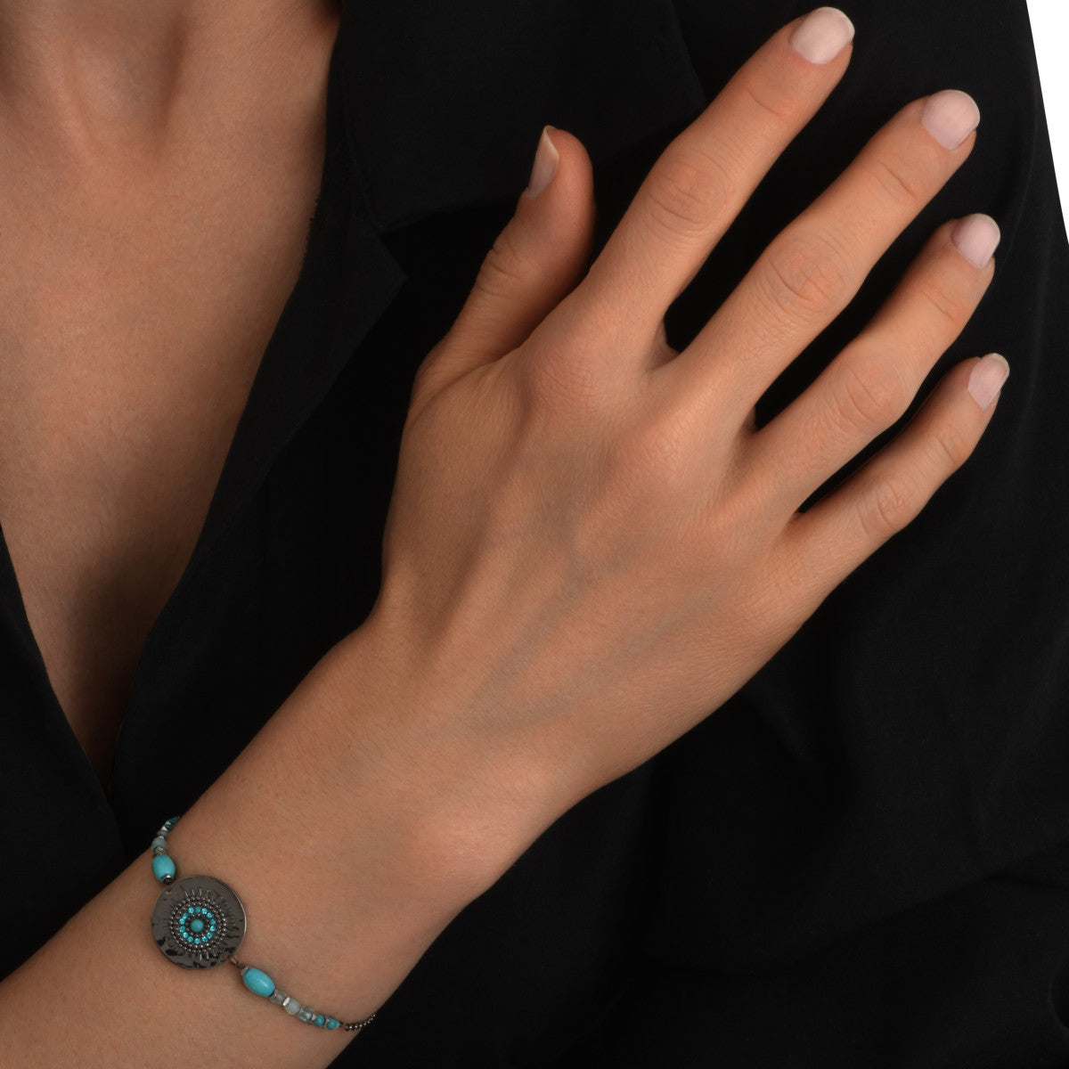 Bracelet fin Dakota en métal ruthénium et pierres dures - turquoise Ruthenium turquoise