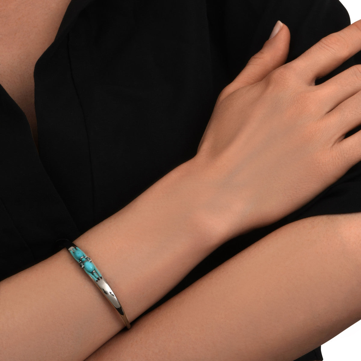 Bracelet jonc ajustable Dakota en métal ruthénium et pierres gemmes - turquoise Ruthenium turquoise