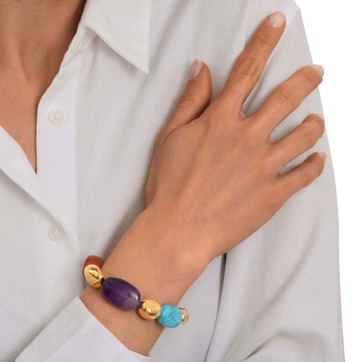 Bracelet Loulou réglable en métal doré et pierres de couleurs - multicolore Multi