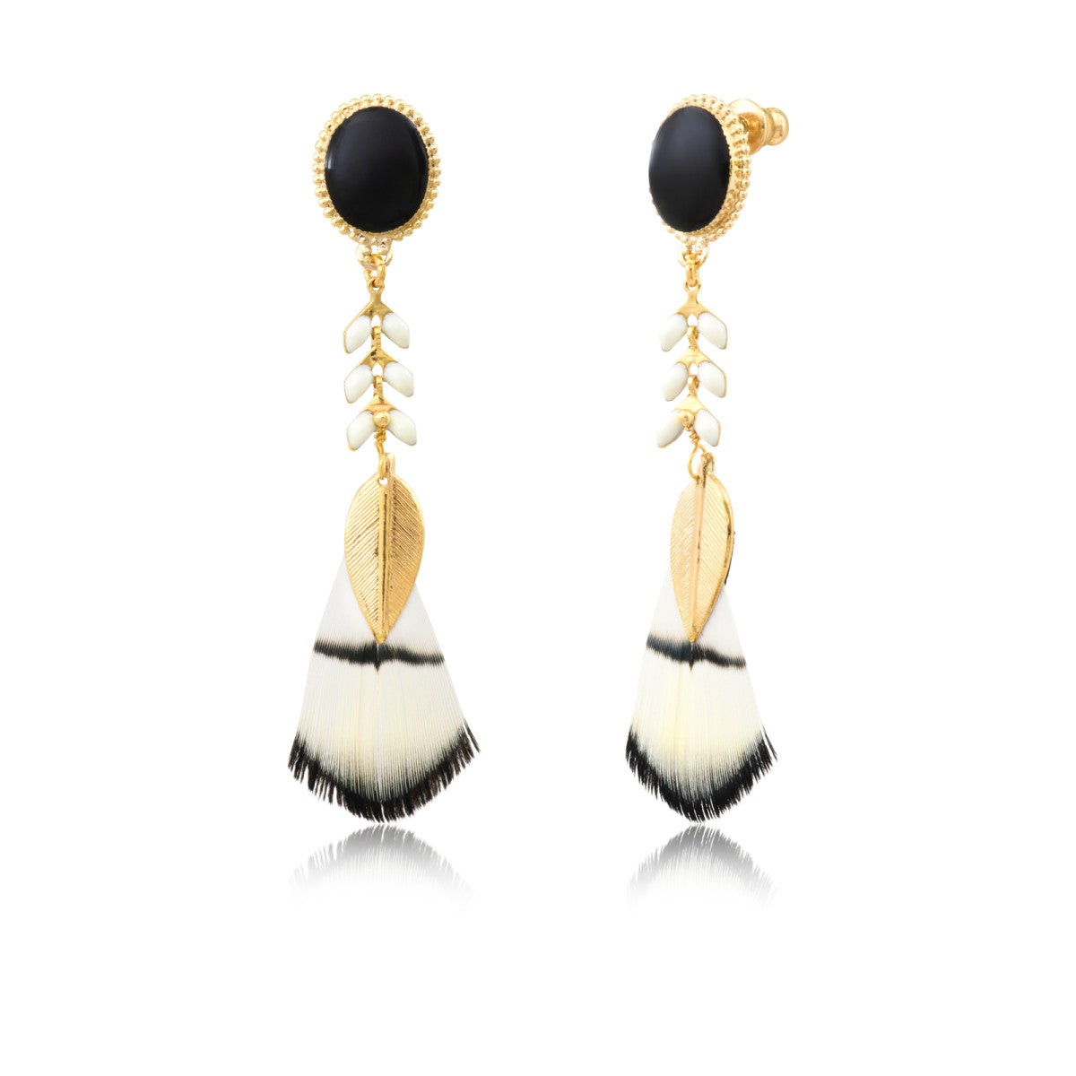 Boucles d'oreilles longues percées Alizia plumes et métal doré - noir Noir blanc
