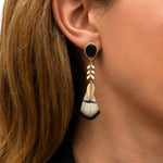 Boucles d'oreilles longues percées Alizia plumes et métal doré - noir Noir blanc