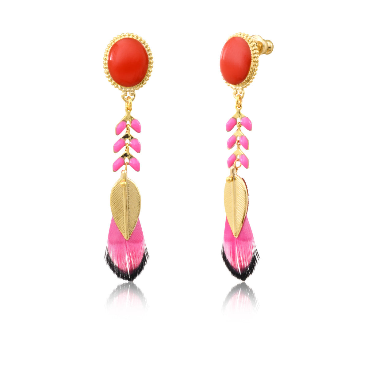 Boucles d'oreilles longues percées Alizia plumes et métal doré - fuchsia Rose rouge
