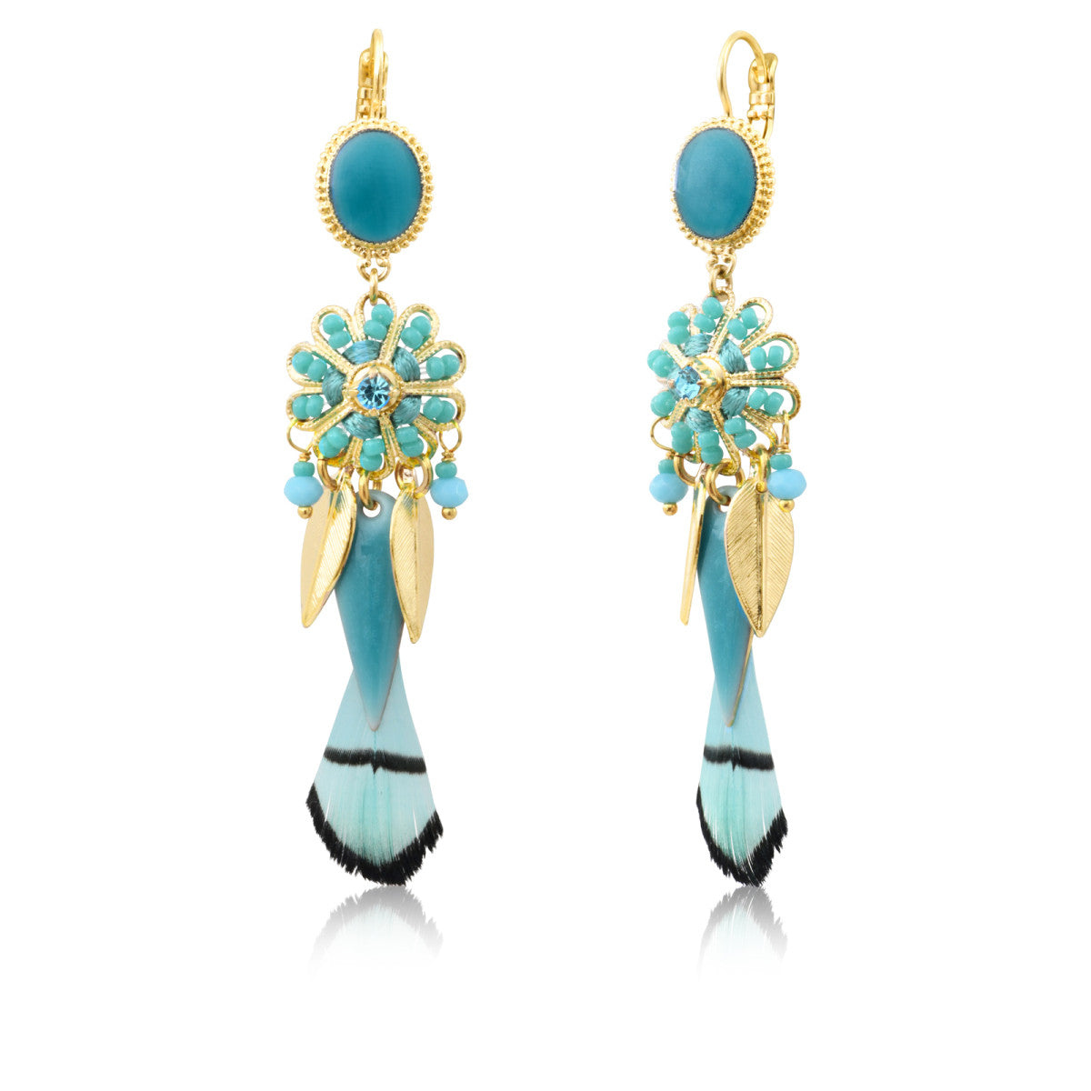 Boucles d'oreilles dormeuses longues Alizia plumes et soie - bleu Bleu turquoise