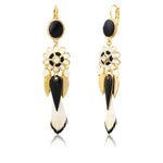Boucles d'oreilles dormeuses longues Alizia plumes et soie - noir Noir blanc