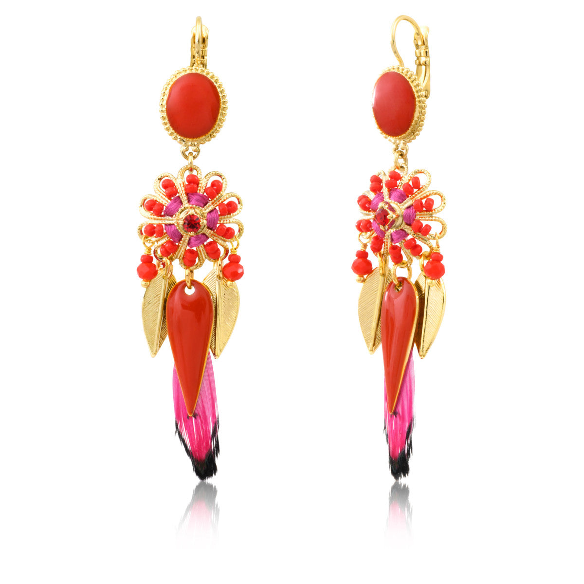 Boucles d'oreilles dormeuses longues Alizia plumes et soie - fuchsia Rose rouge