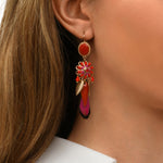 Boucles d'oreilles dormeuses longues Alizia plumes et soie - fuchsia Rose rouge