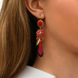 Boucles d'oreilles dormeuses longues Alizia plumes et soie - fuchsia Rose rouge