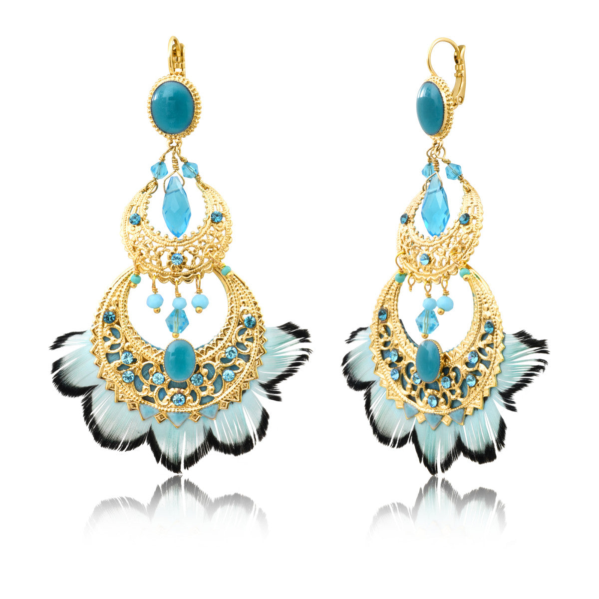 Boucles d'oreilles dormeuses pendantes Alizia plumes et perles - bleu Bleu turquoise