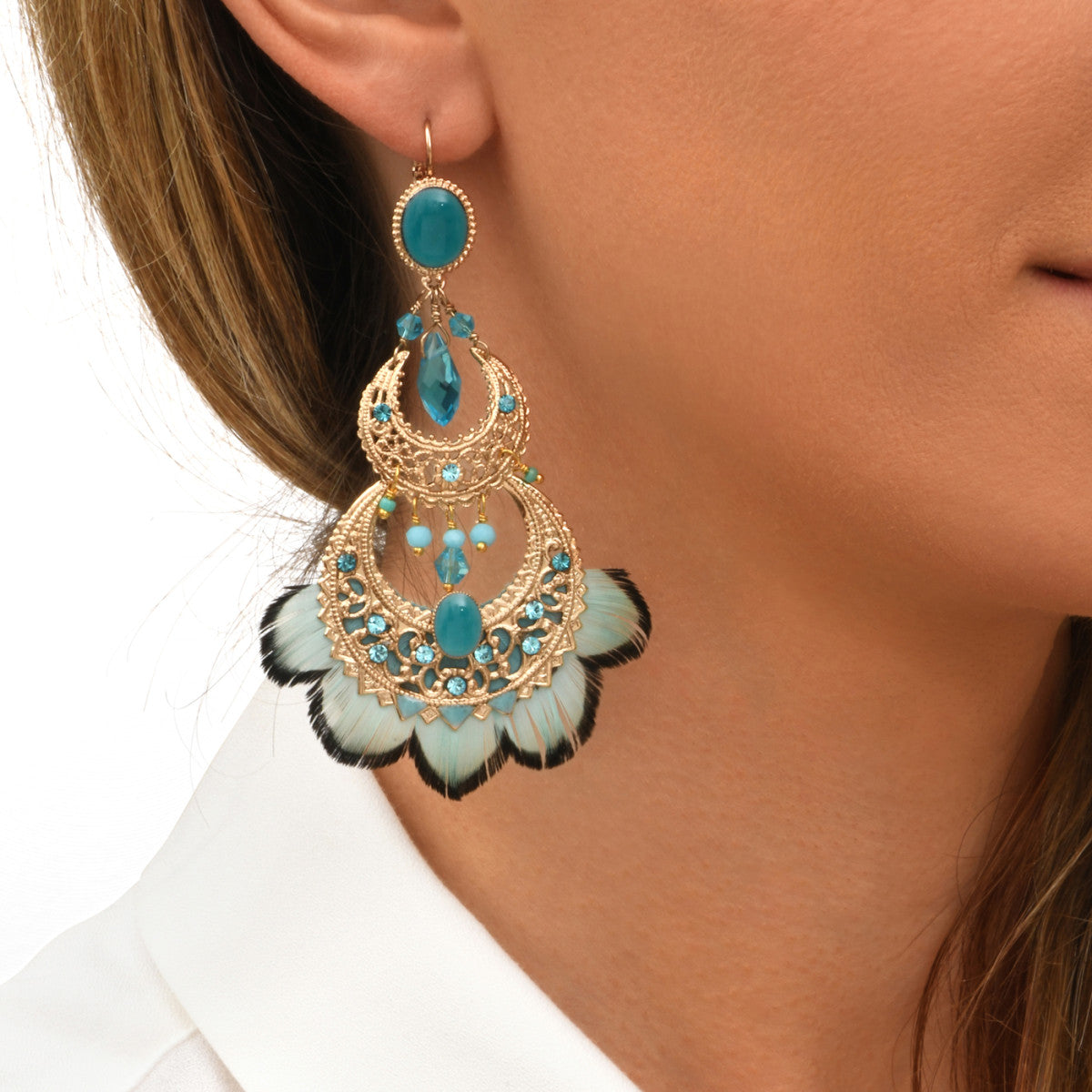 Boucles d'oreilles dormeuses pendantes Alizia plumes et perles - bleu Bleu turquoise