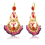 Boucles d'oreilles dormeuses pendantes Alizia plumes et perles - fuchsia Rose rouge