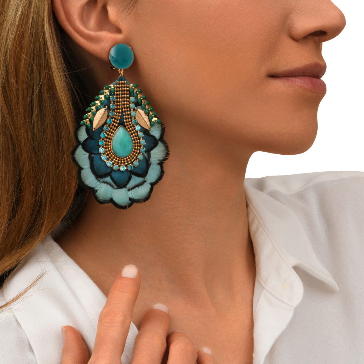 Boucles d'oreilles clips Alizia plumes et strass - bleu Bleu turquoise