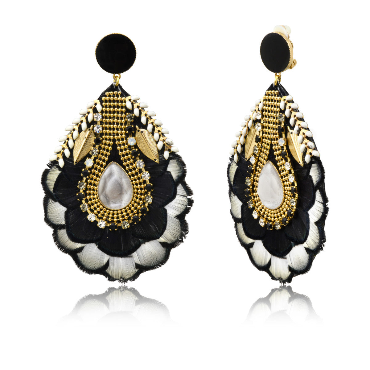 Boucles d'oreilles clips Alizia plumes et strass - noir Noir blanc