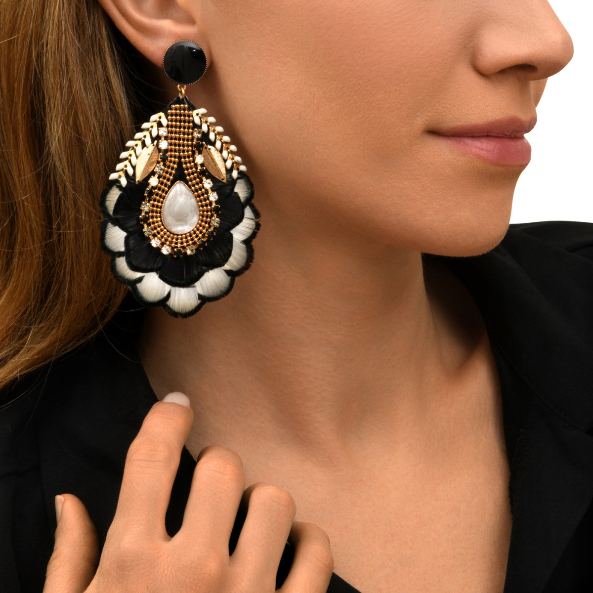 Boucles d'oreilles clips Alizia plumes et strass - noir Noir blanc