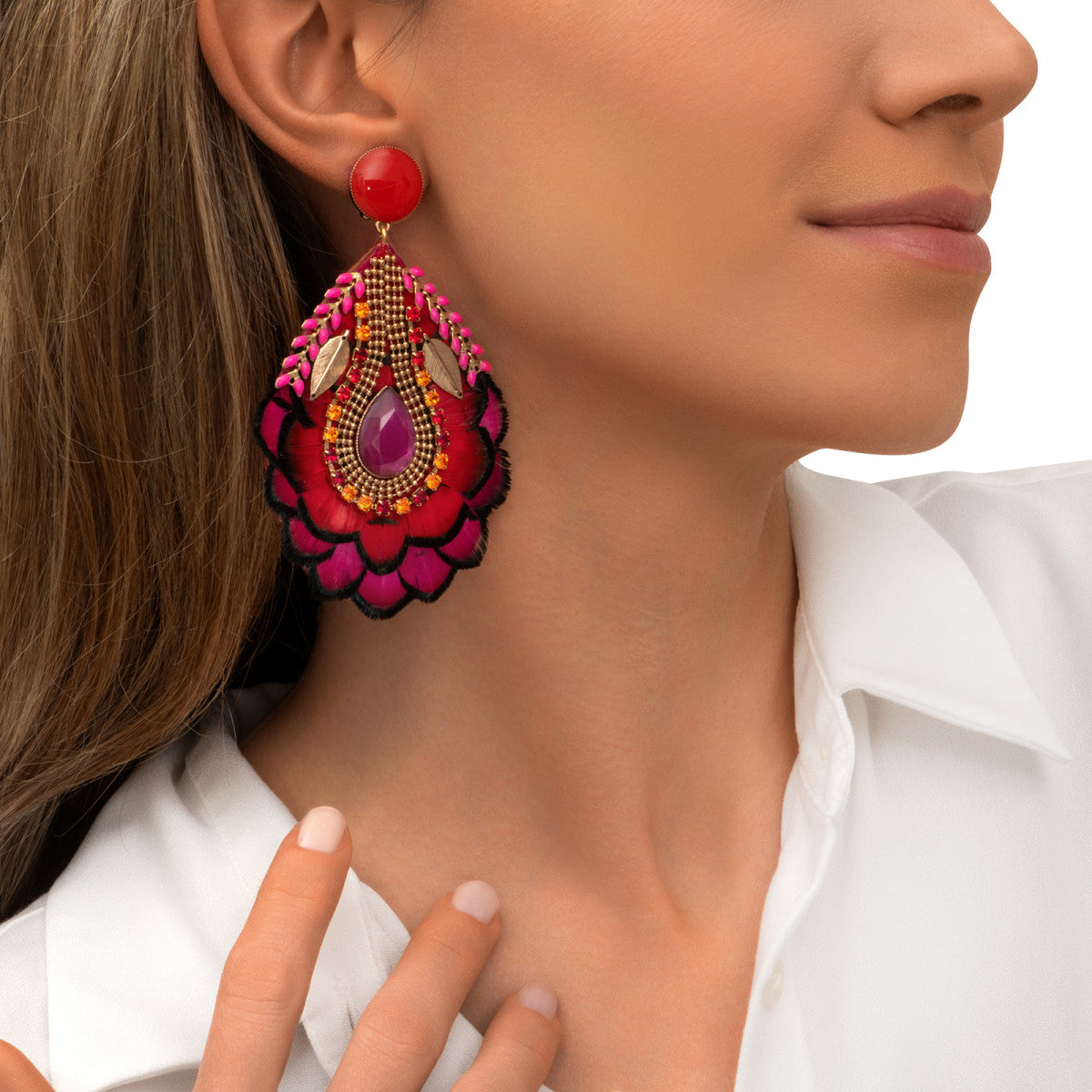 Boucles d'oreilles clips Alizia plumes et strass - fuchsia Rose rouge