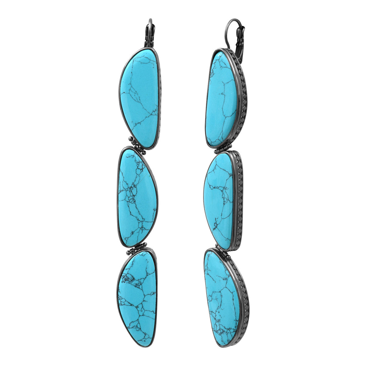 Boucles d'oreilles dormeuses longues Noto en métal ruthénium et turquoise composite - bleu Ruthenium turquoise