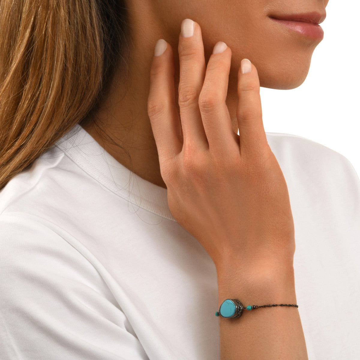 Bracelet fin Noto en métal ruthénium et turquoise composite - bleu Ruthenium turquoise