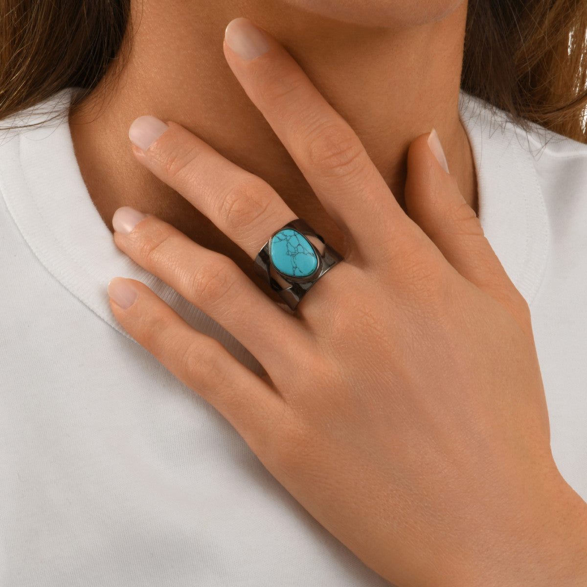 Bague cabochon ajustable Noto en métal ruthénium et turquoise composite taille médium - bleu Ruthenium turquoise
