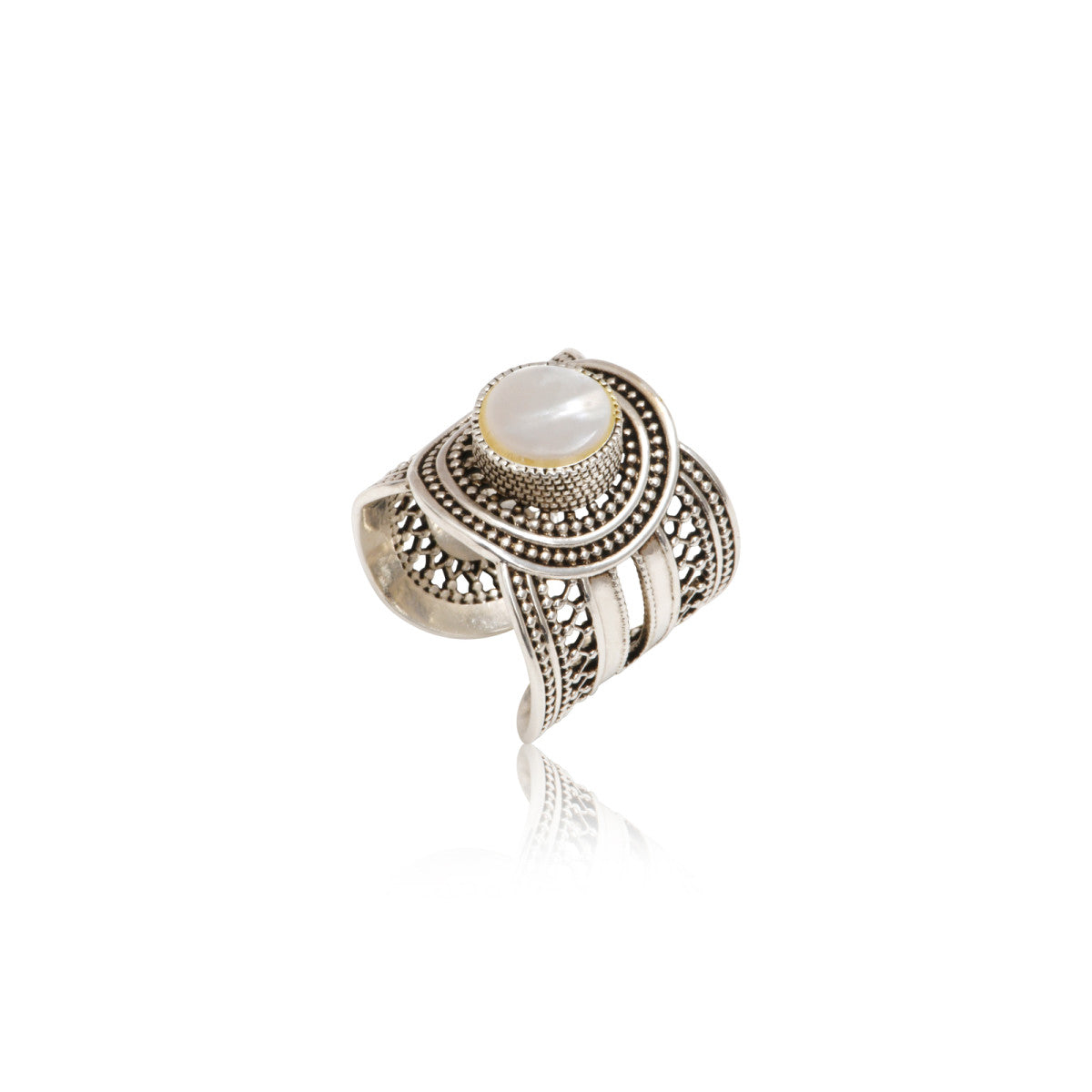 Bague ajustable métal argenté et nacre taille medium NOOR| Argenté Nacre Argent nacre