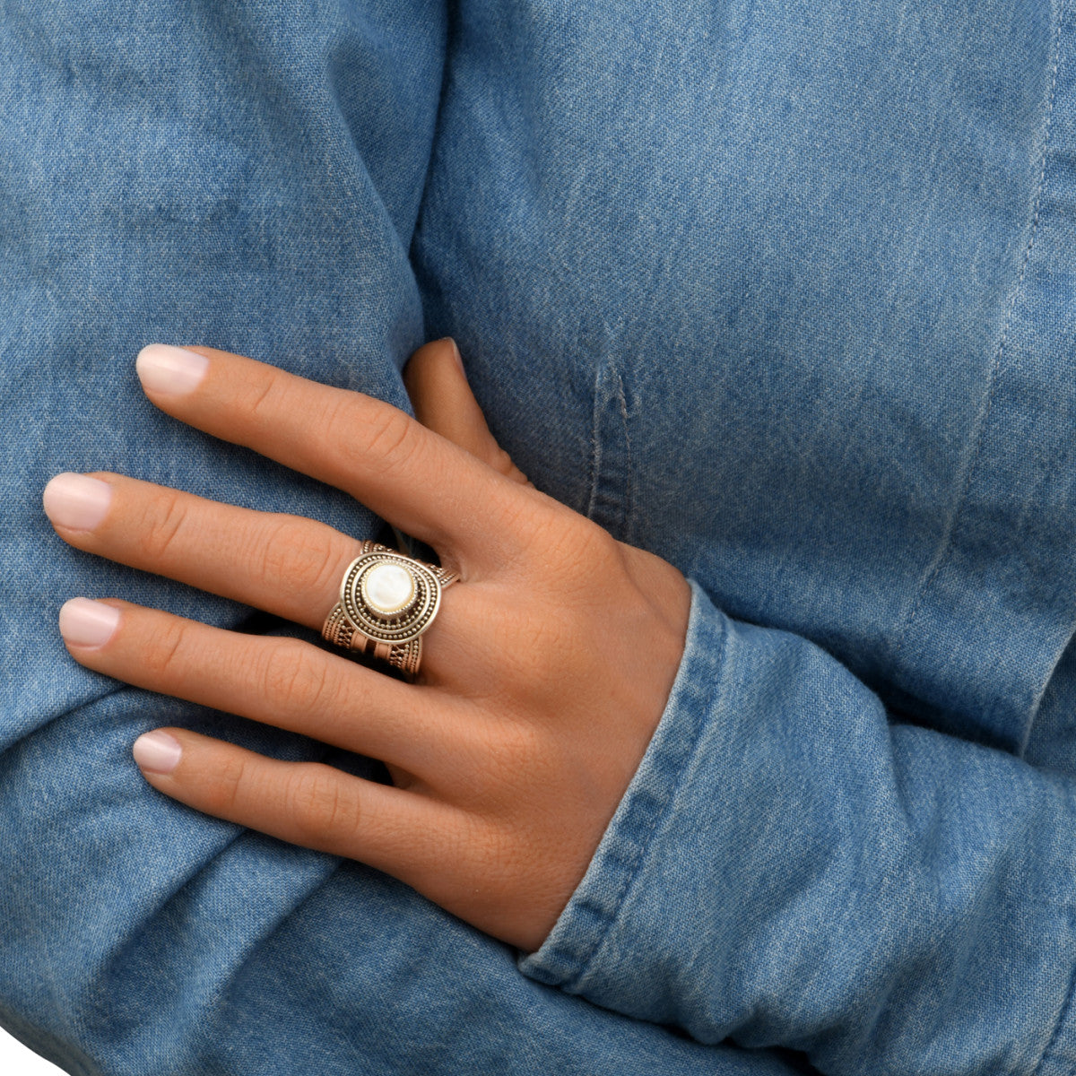 Bague ajustable métal argenté et nacre taille medium NOOR| Argenté Nacre Argent nacre