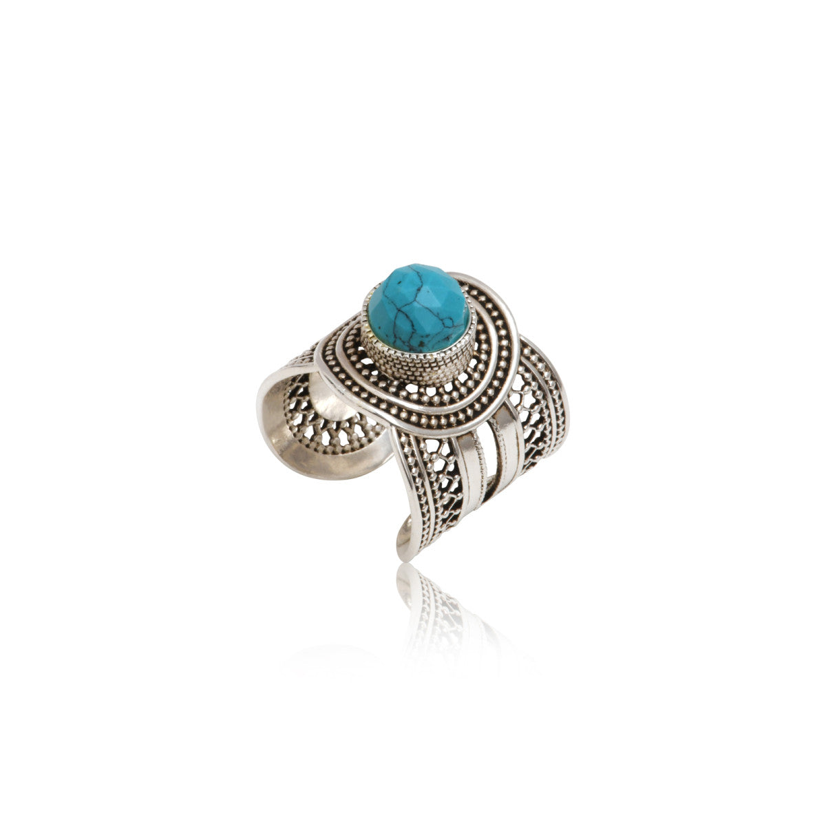 Bague ajustable métal argenté et turquoise taille medium NOOR| Argenté Turquoise Argent turquoise