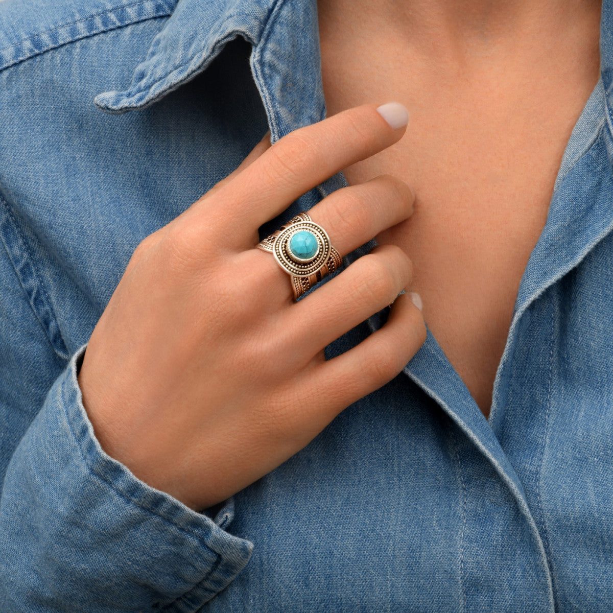 Bague ajustable métal argenté et turquoise taille medium NOOR| Argenté Turquoise Argent turquoise