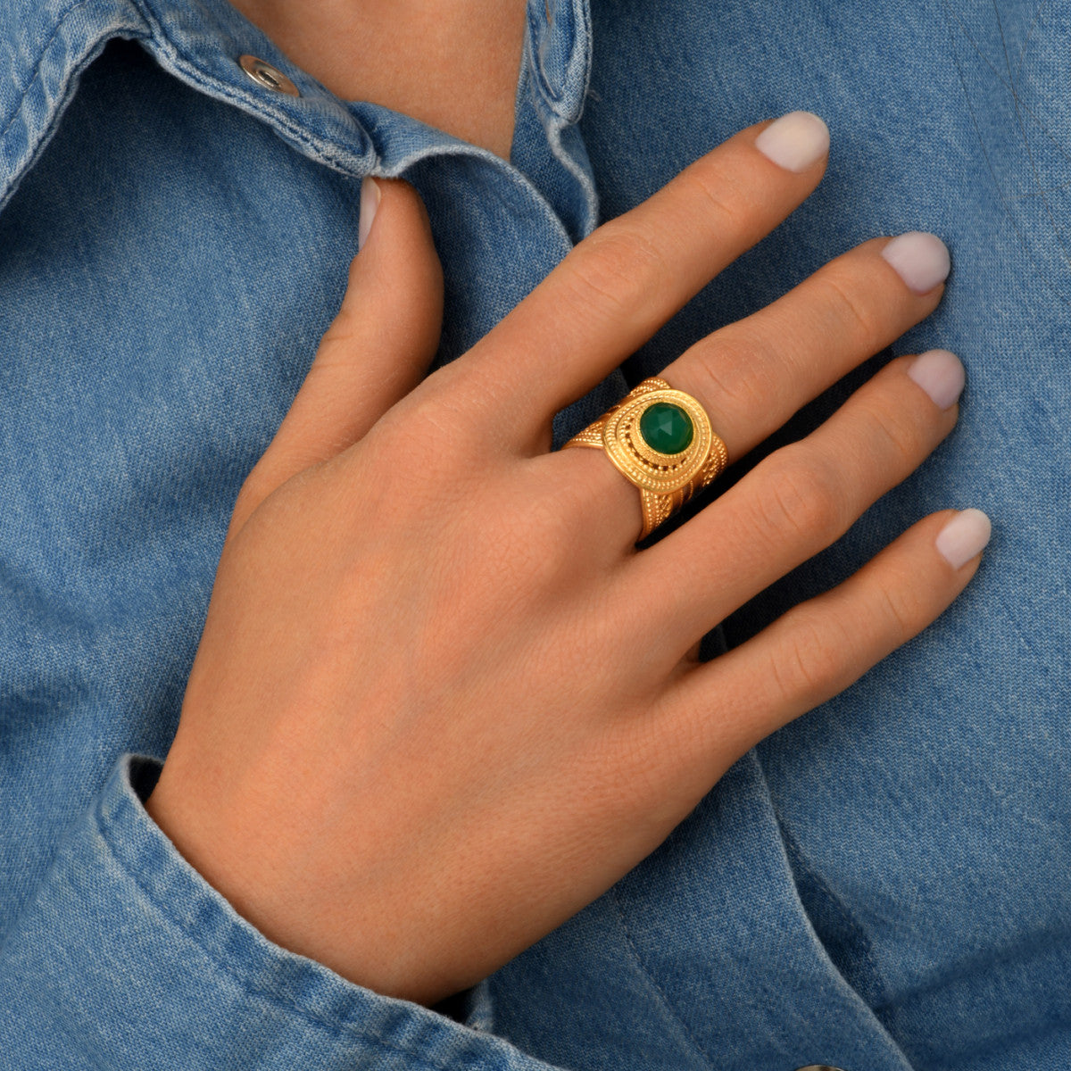 Bague ajustable métal doré et Agate Verte taille medium NOOR| Doré Agate Verte Agate verte