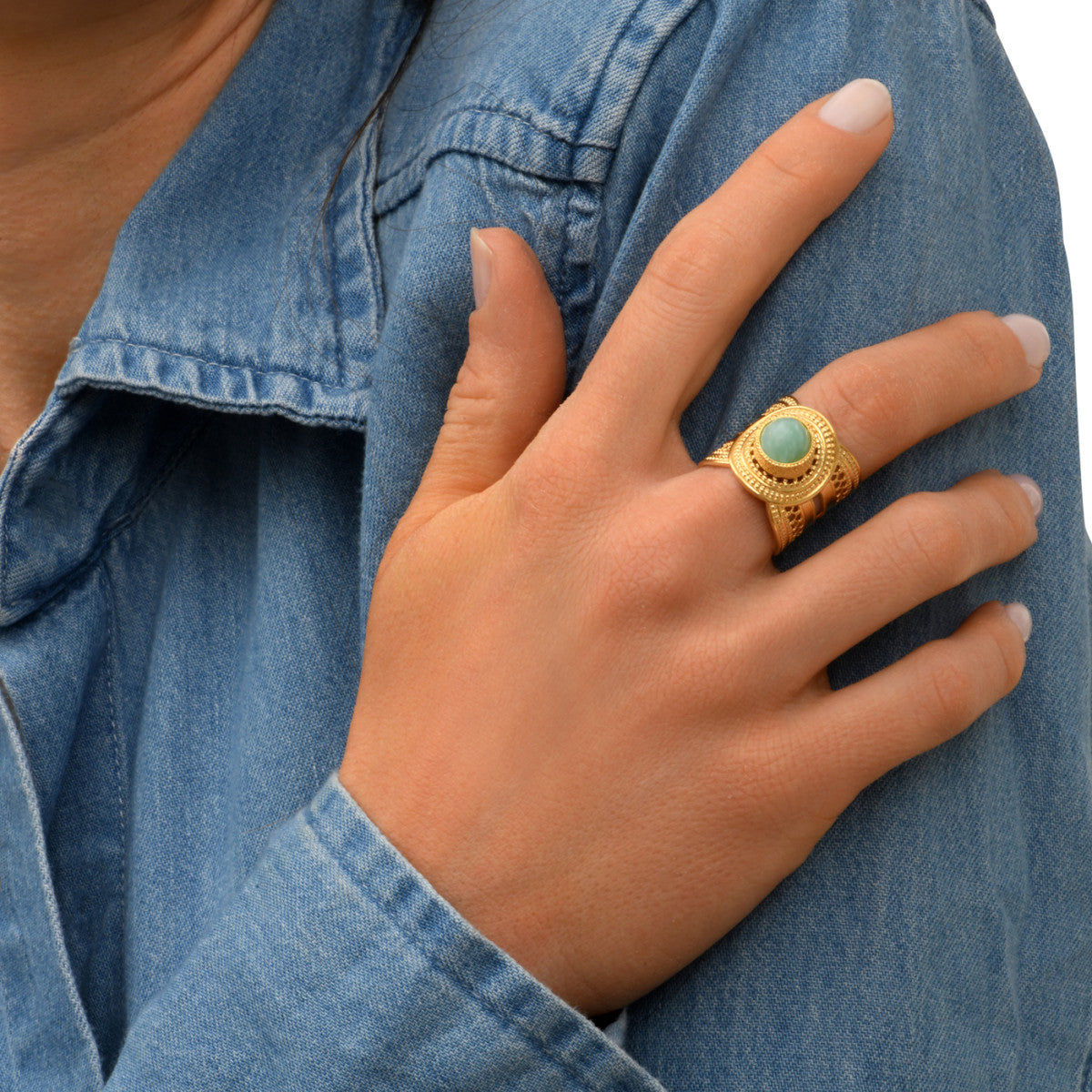 Bague ajustable métal doré et Amazonite taille medium NOOR| Doré Amazonite Amazonite