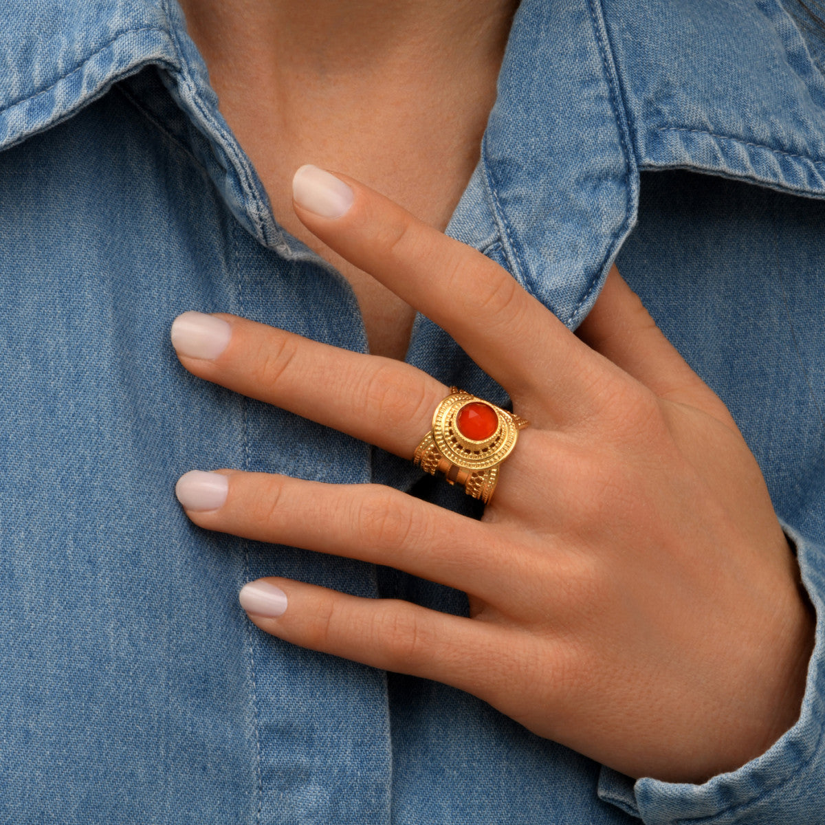 Bague ajustable métal doré et Cornaline taille medium NOOR| Doré Cornaline Cornaline