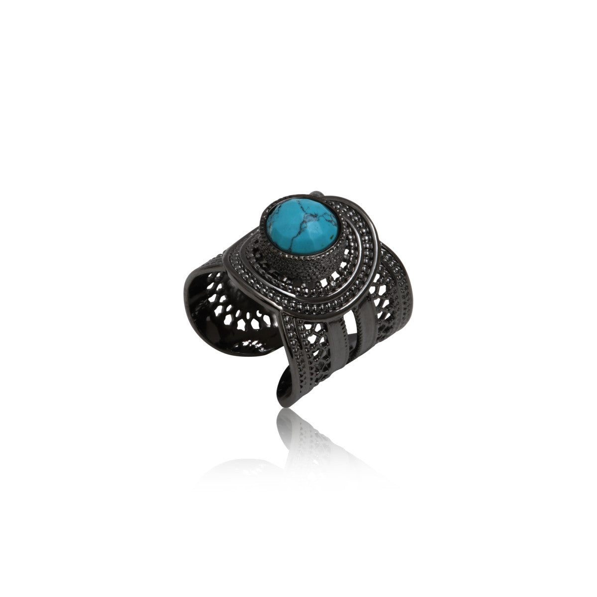 Bague ajustable métal ruthénium et Turquoise taille medium NOOR| Ruthénium Turquoise Gun turquoise
