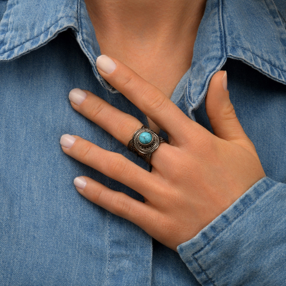 Bague ajustable métal ruthénium et Turquoise taille medium NOOR| Ruthénium Turquoise Gun turquoise