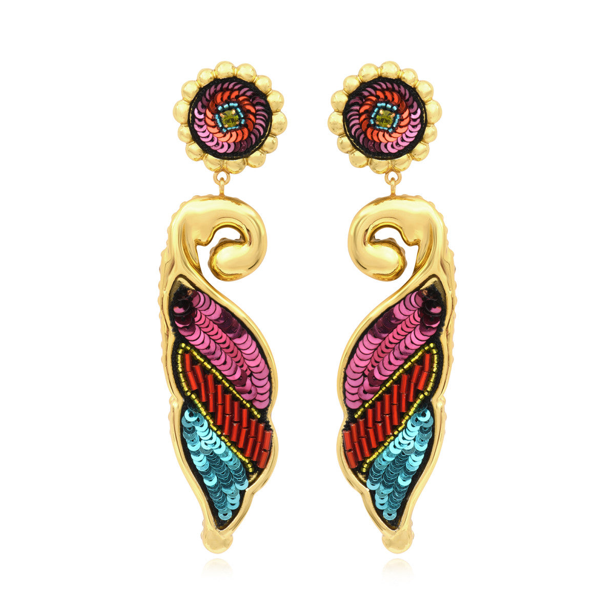 Boucles d'oreilles clips longues Angèle résine métallisée et sequins - orange violet Orange violet