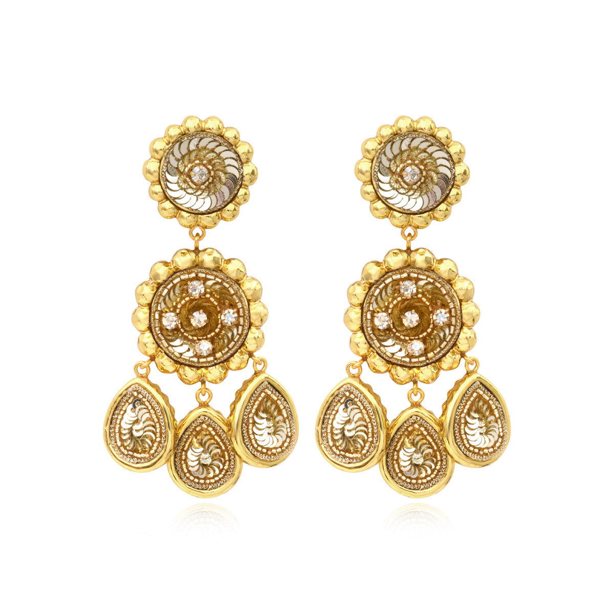 Boucles d'oreilles clips pendantes Angèle résine métallisée et sequins - doré Dore
