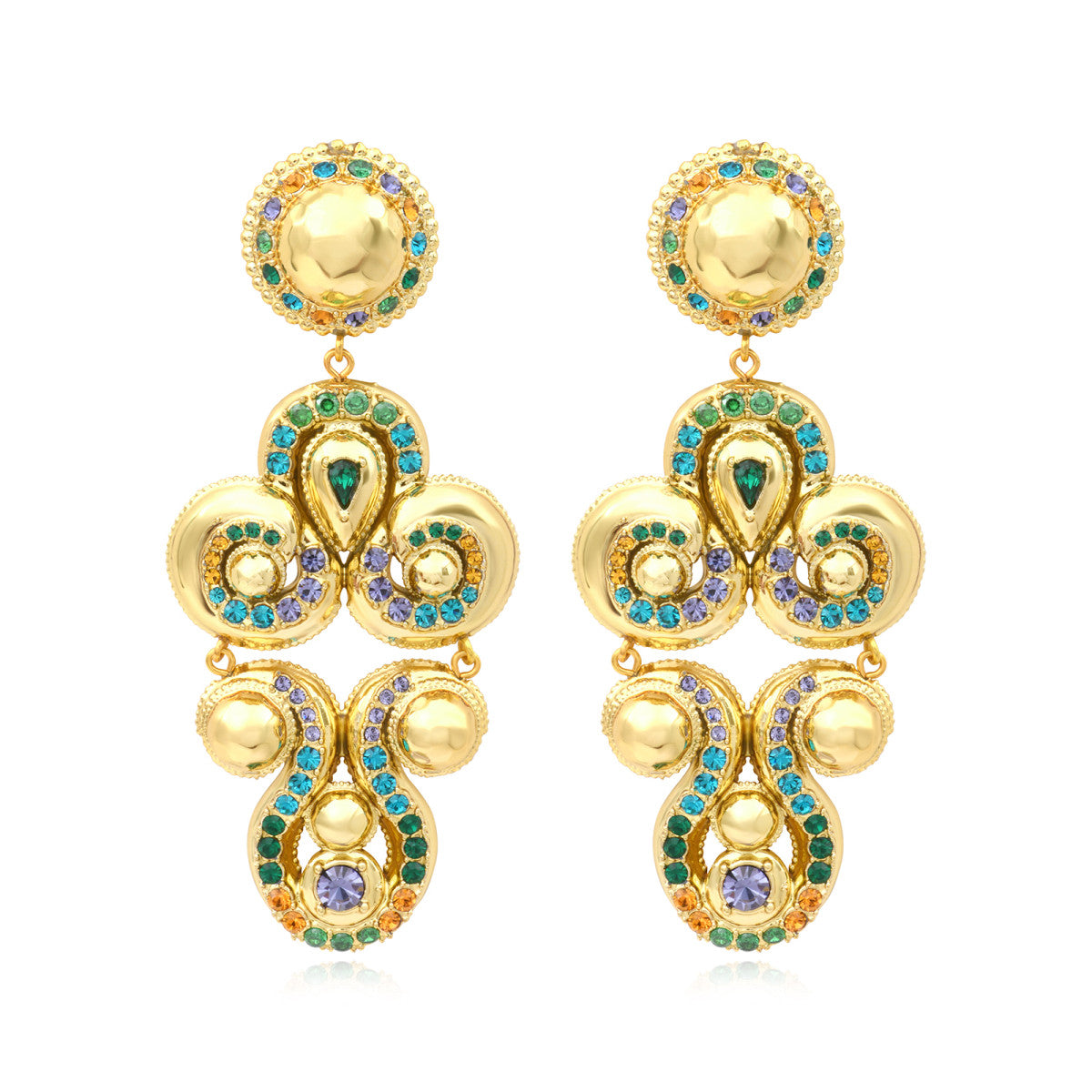Boucles d'oreilles clips Gloria en résine métallisée dorée et cristaux - vert Bleu vert