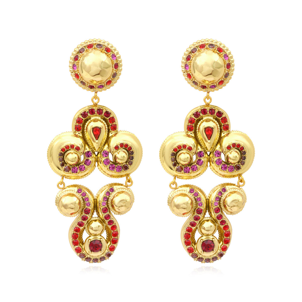 Boucles d'oreilles clips Gloria en résine métallisée dorée et cristaux - rouge Rose rouge