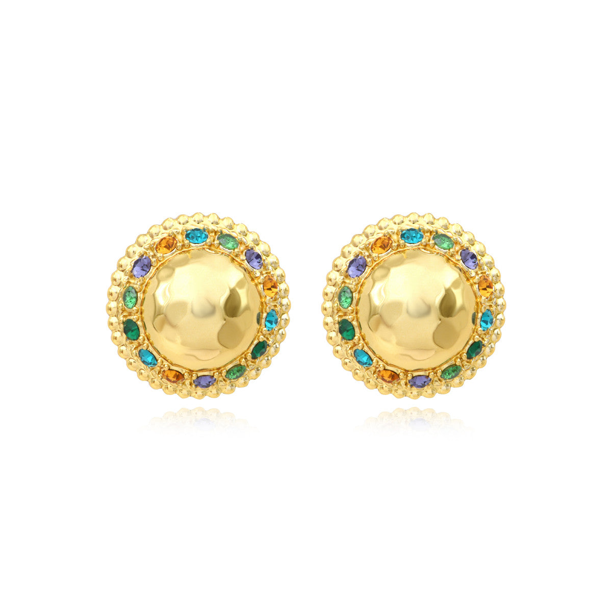 Boucles d'oreilles clips Gloria en résine dorée martelée et cristaux - vert Bleu vert