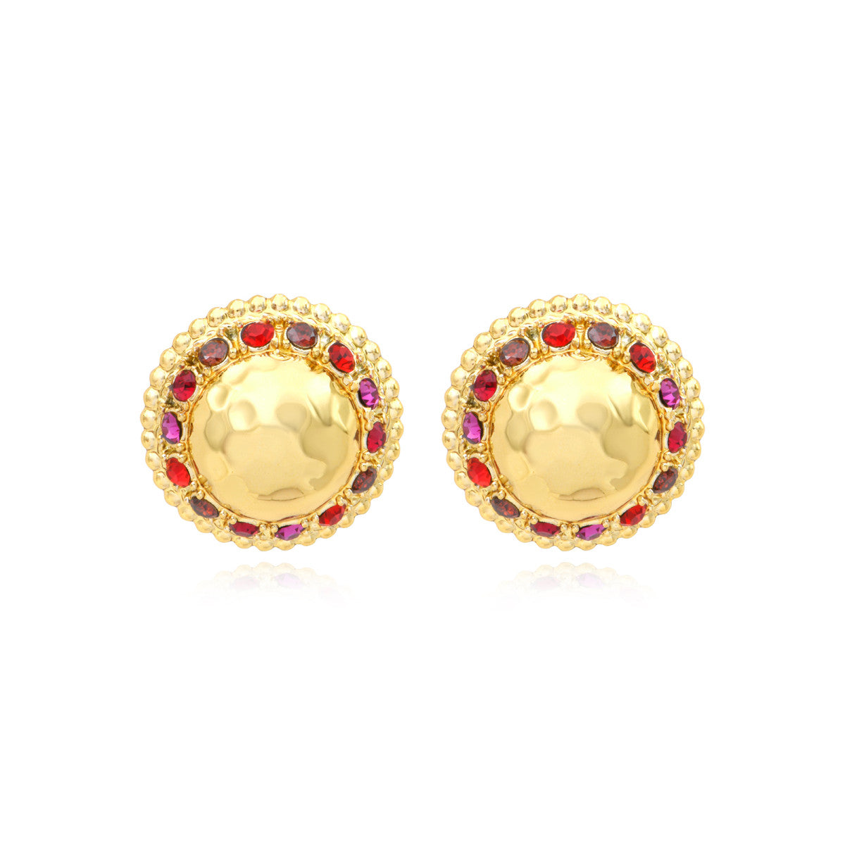 Boucles d'oreilles clips Gloria en résine dorée martelée et cristaux - rouge Rose rouge