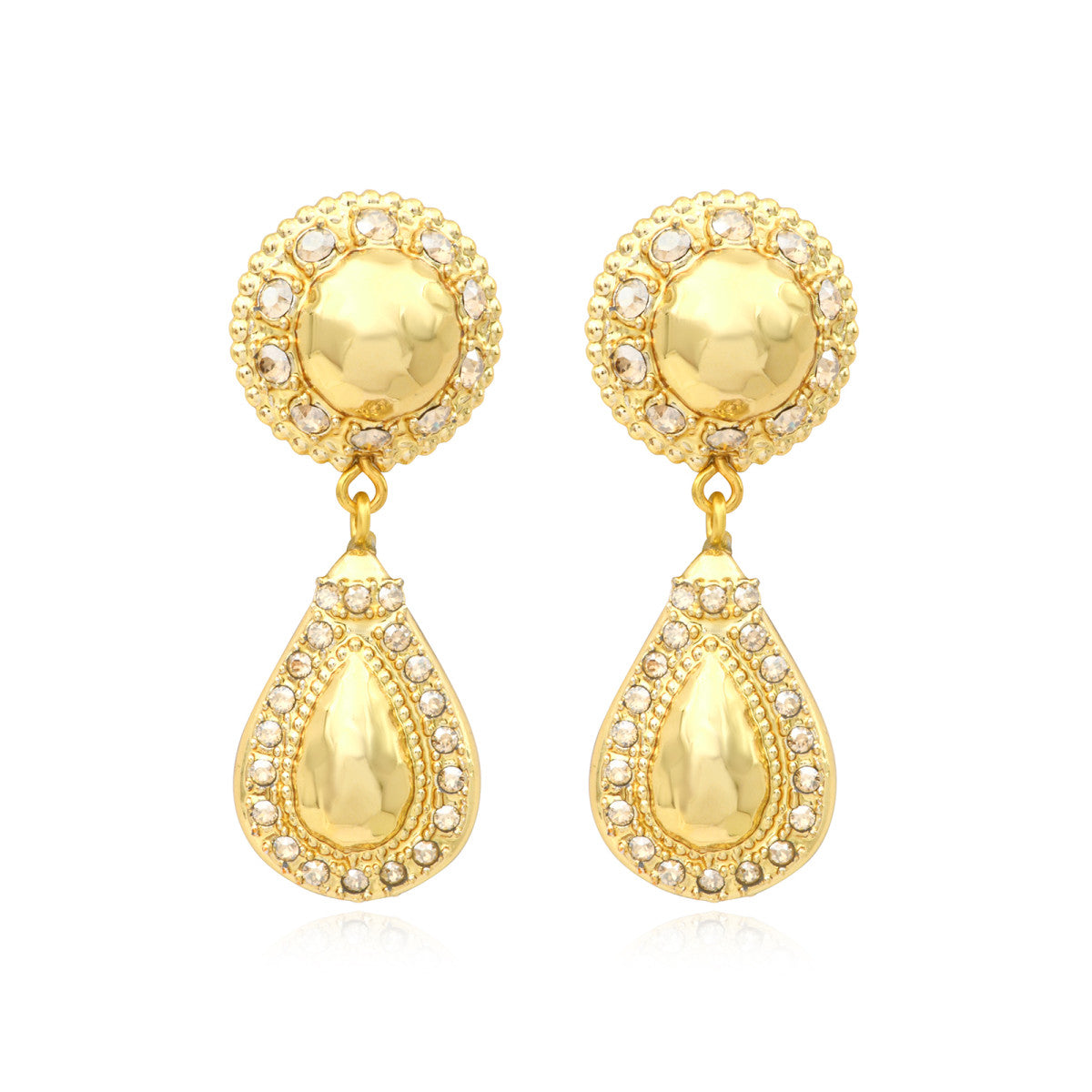 Boucles d'oreilles clips pendantes Gloria résine métallisée et cristaux - doré Dore