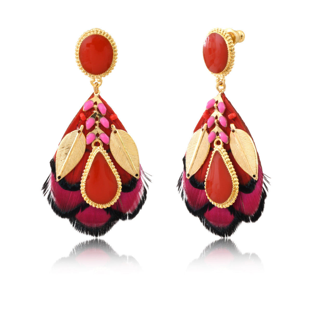 Boucles d'oreilles percées Alizia plumes et émail I fuchsia Rose rouge