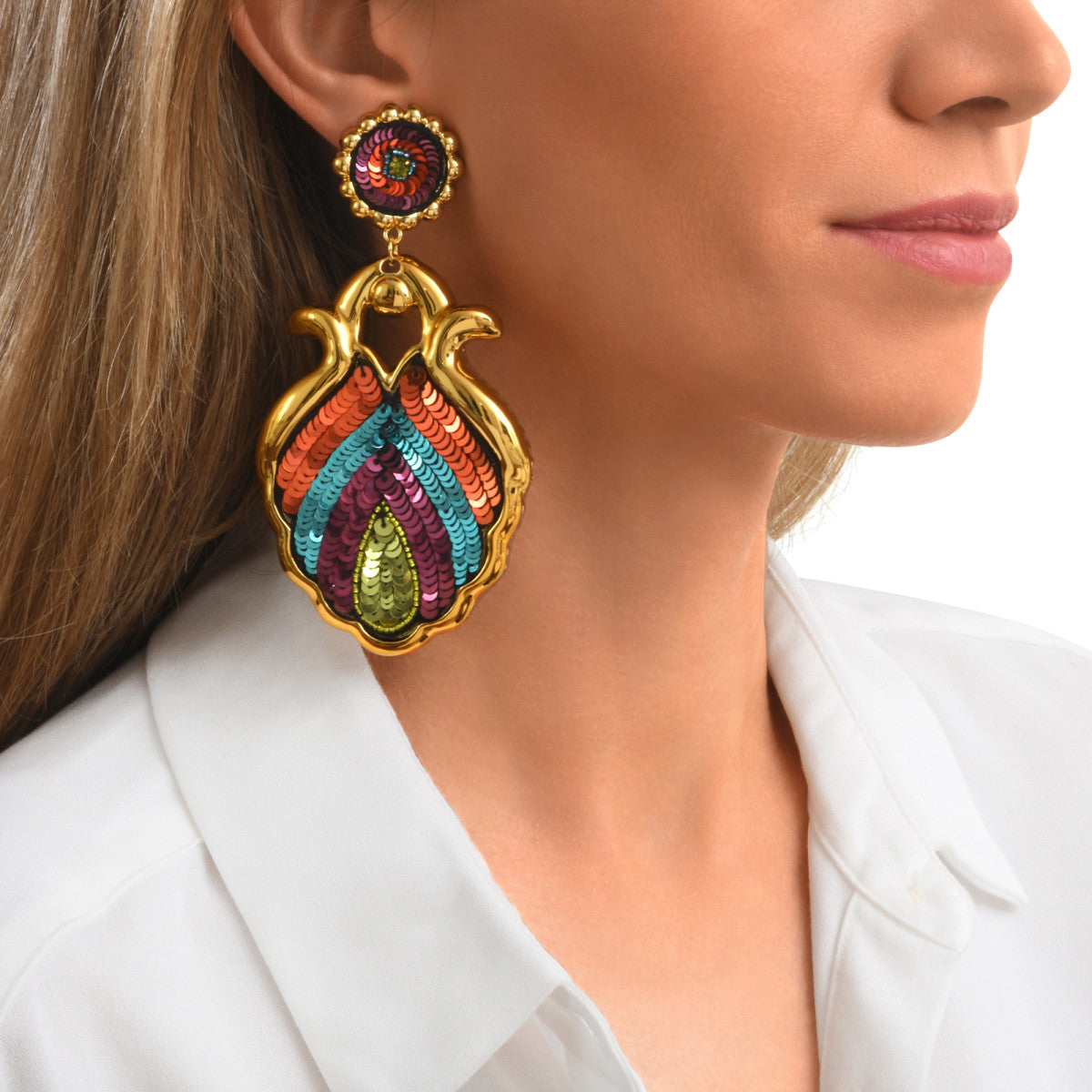 Boucles d'oreilles clips Angèle en résine métallisée et sequins - orange violet Orange violet
