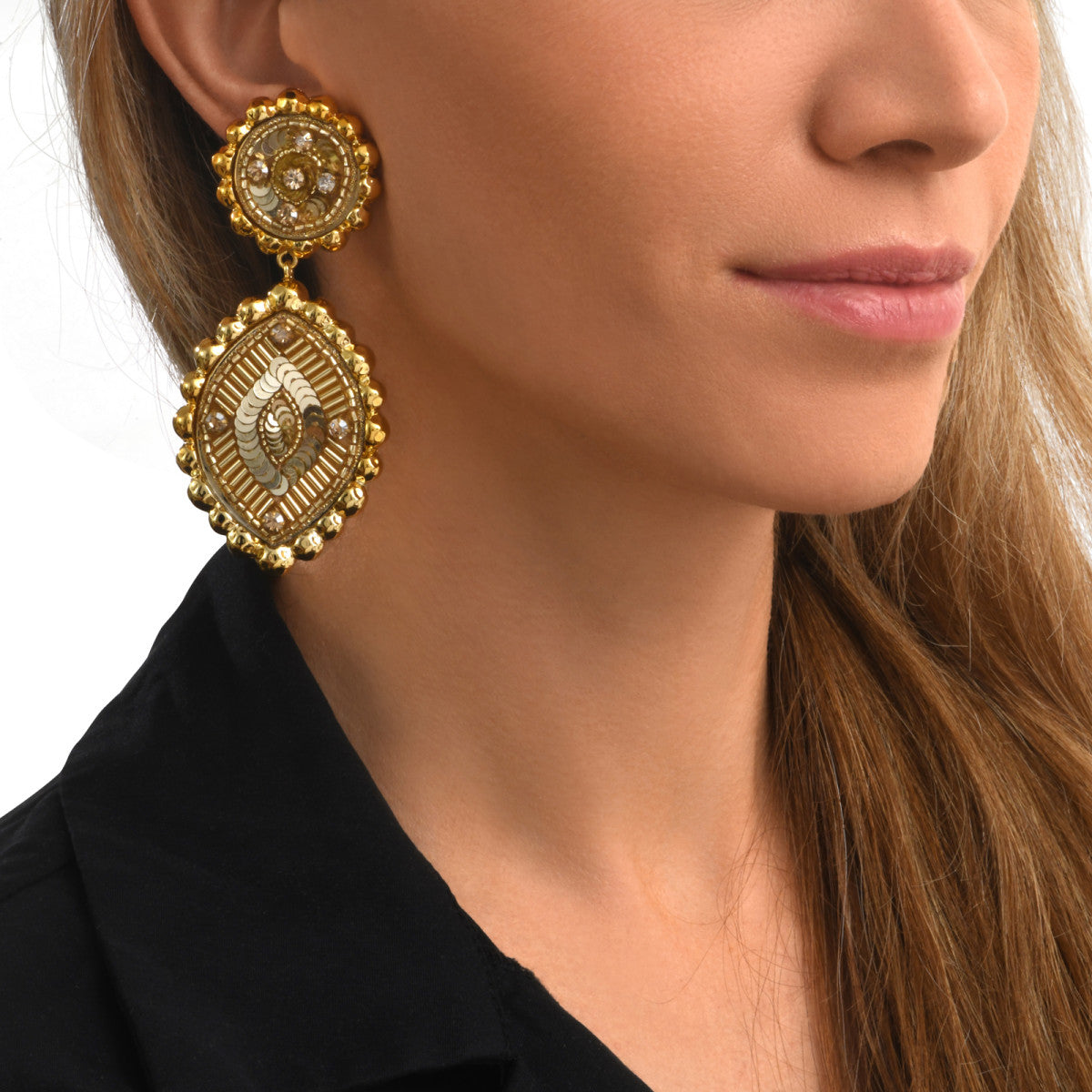 Boucles d'oreilles clips Angèle résine métallisée et sequins - doré Dore