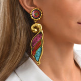 Boucles d'oreilles clips longues Angèle résine métallisée et sequins - orange violet Orange violet