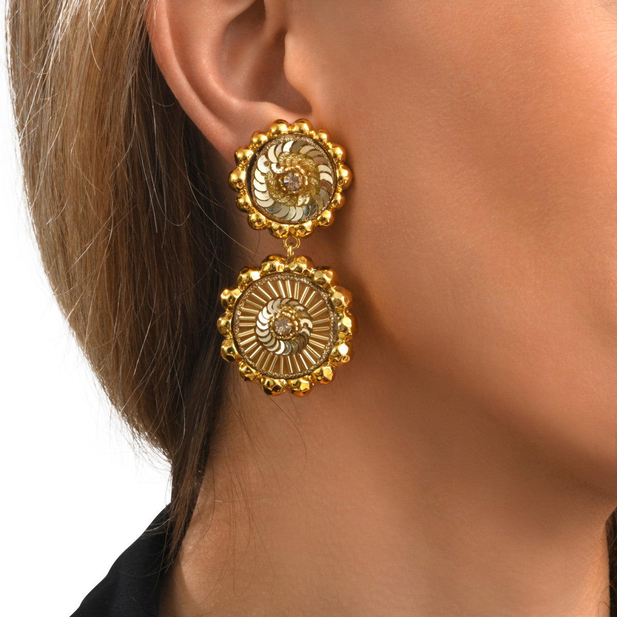 Boucles d'oreilles clips rondes Angèle résine métallisée et sequins - doré Dore