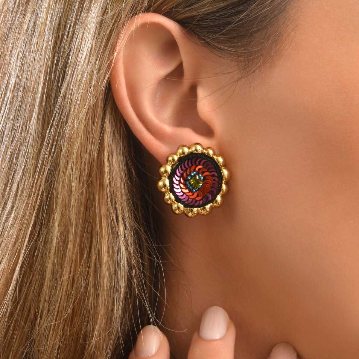 Boucles d'oreilles tiges percées Angèle en résine métallisée et sequins - violet Violet